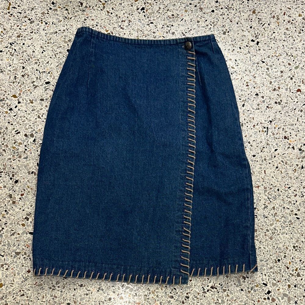 Cambridge Dry Goods Jean denim wrap western tan stitch mini skirt 6